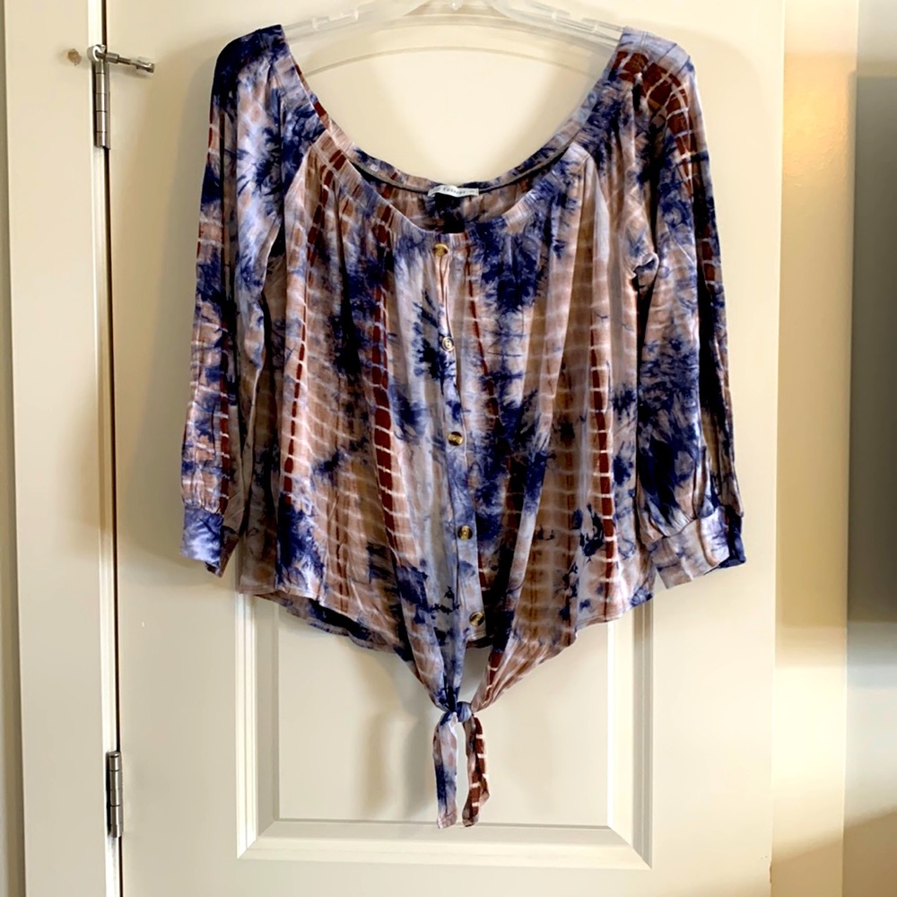 Veveret tie dyed off the shoulder blue and brown top 3X
